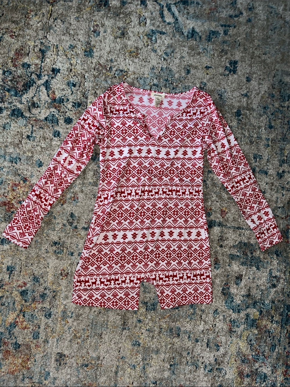 shosho Red & White Geometric Print Long‑Sleeve Jumpsuit